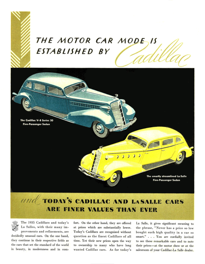 1934 LaSalle with 1935 Cadillac Ad “The motor car mode is established by Cadillac”