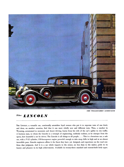 1934 Lincoln Ad “The Lincoln, a versatile car . . .”