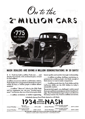 1934 Nash Ad "On to the 2nd Million Cars"
