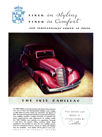 1935 Cadillac Five-Passenger Sedan Ad "Finer in styling - finer in comfort"