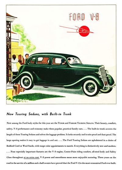 1935 Ford Fordor (Trunkback) Touring Sedan Ad "New Touring Sedans with Built-in Trunk"