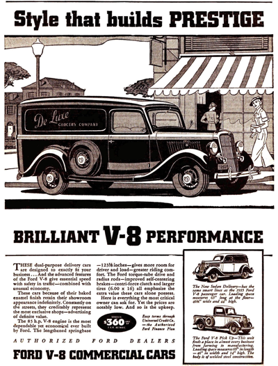 1935 Ford V8 Panel Delivery Truck Ad "Style that builds PRESTIGE"