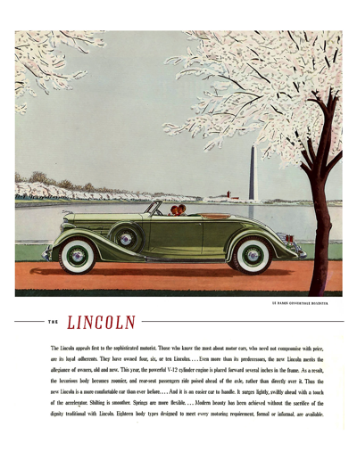 1935 Lincoln Ad “The Lincoln appeals first to the sophisticated motorist.”