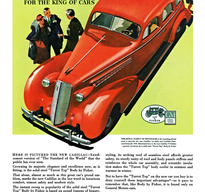 1936 Cadillac V-8 Sedan Body by Fisher Ad “The fitting crown for the king of cars.”