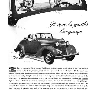 1936 Chevrolet Ad “It speaks youth’s language”