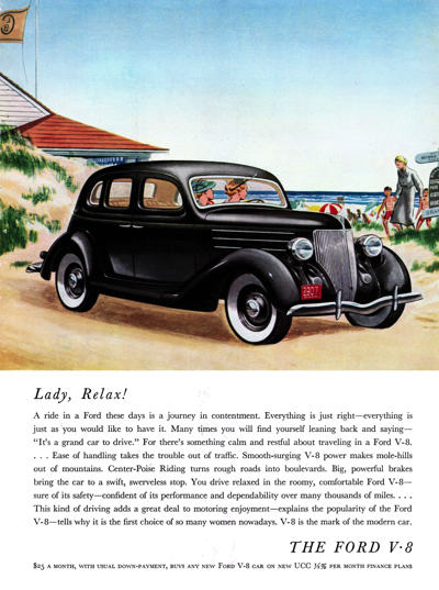 1936 Ford Fordor Sedan Ad "Lady, Relax!"