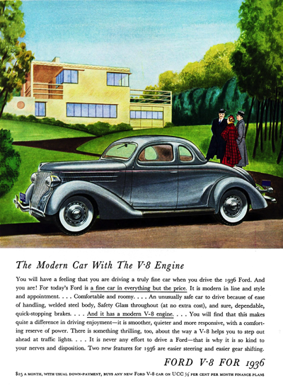 1936 Ford 5-Window DeLuxe Coupe Ad "The Modern Car with the V-8 Engine"