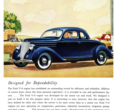 1936 Ford 5-Window DeLuxe Coupe Ad “Designed for Dependability”