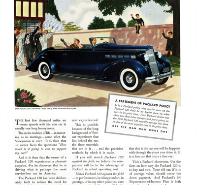 1936 Packard 120 ad #3 (8.0 x 11.0) “What happens after the honeymoon?”