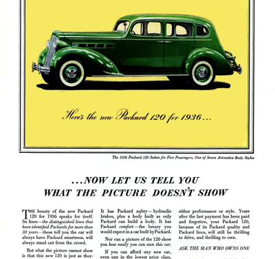 1936 Packard 120 ad #6 “..now let us tell you..” (9.0 x 12.4)