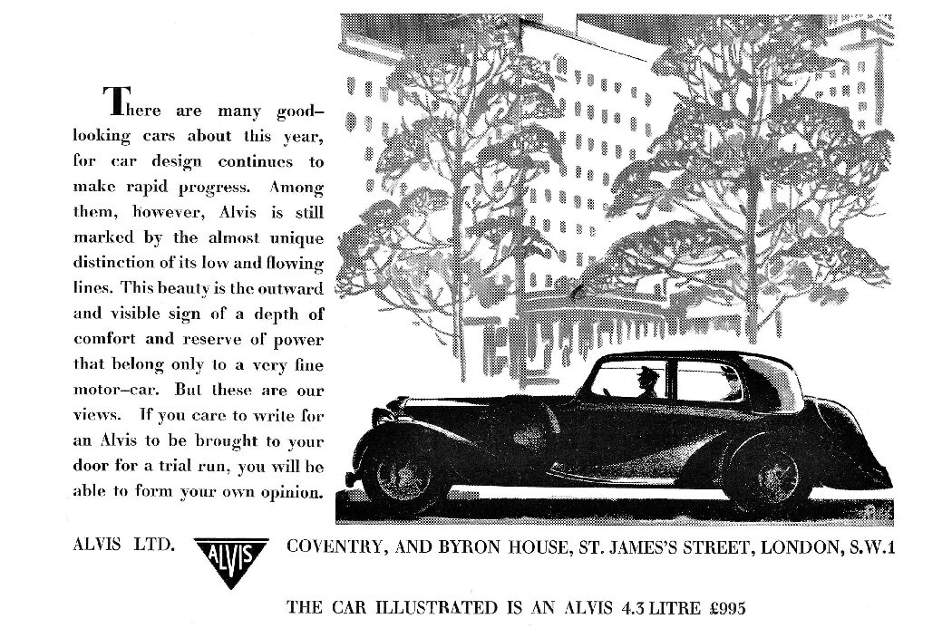 1937 Alvis Ad "Alvis is still marked by the almost unique distinction of its low and flowing lines"
