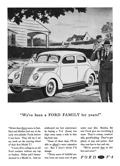 1937 Ford Deluxe Tudor Sedan Print Ad "We've been a Ford family for years!"