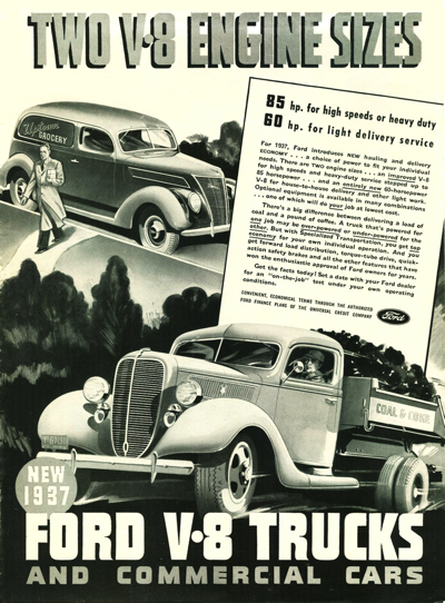 1937 Ford Dump Truck and Sedan Delivery Print Ad "Two V8 engine sizes..."