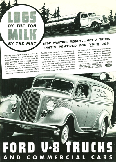 1937 Ford Panel Truck and Logging Truck Print Ad "Logs by the Ton, Milk by the Pint"