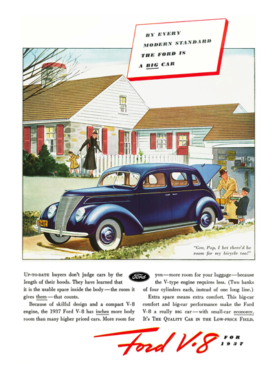 1937 Ford Deluxe Fordor Sedan Print Ad "By every modern standard, the Ford is a big car!"