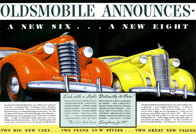 1937 Oldsmobile Ad "Oldsmobile Announces a new six - a new eight"