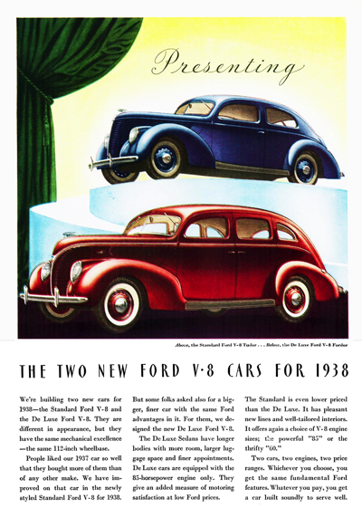 1938 Ford Fordor and Tudor Print Ad "Presenting two new V-8 cars for 1938"