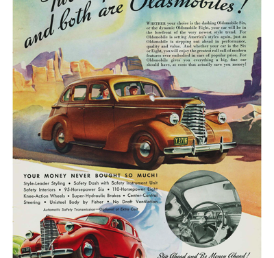 1938 Oldsmobile Ad “Two style leaders, and both are Oldsmobiles!”