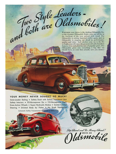 1938 Oldsmobile Ad "Two style leaders, and both are Oldsmobiles!"