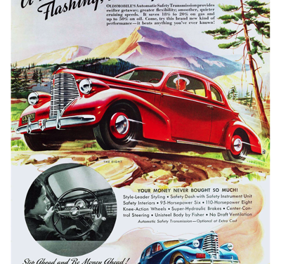 1938 Oldsmobile Ad “A brand new kind of flashing, flowing action!”