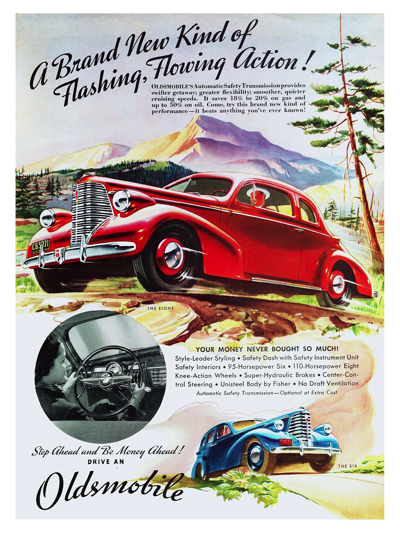 1938 Oldsmobile Ad "A brand new kind of flashing, flowing action!"