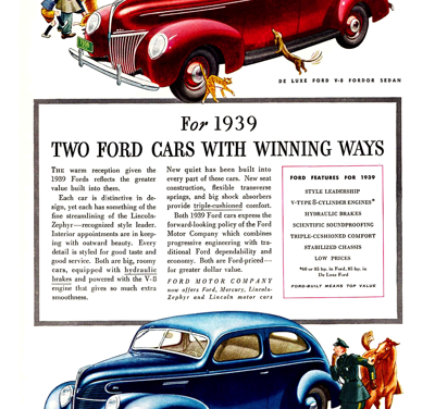 1939 Ford Print Ad “Two Ford cars with winning ways”