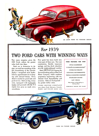 1939 Ford Print Ad "Two Ford cars with winning ways"