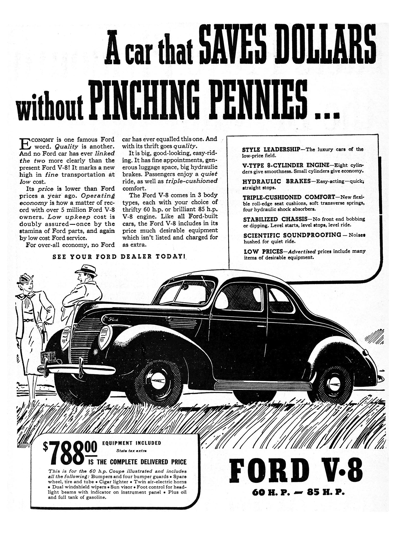 1939 Ford Print Ad "A car that saves dollars without pinching pennies"