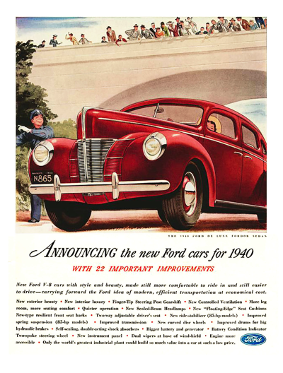 1940 Ford Fordor Print Ad "Announcing the new Ford Cars for 1940"