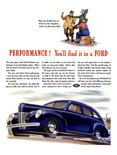 1940 Ford Fordor Print Ad "Performance! You'll find it in a Ford"