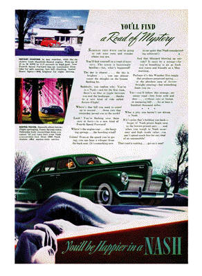 1940 Nash 4-door Sedan Ad “You’ll find a road of Mystery”