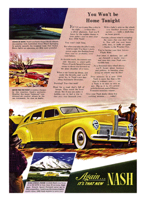 1940 Nash 4-door Sedan Ad “You Won’t be Home Tonight”