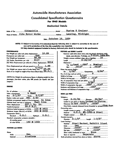1940 Oldsmobile AMA Specification Sheets  Custom 8