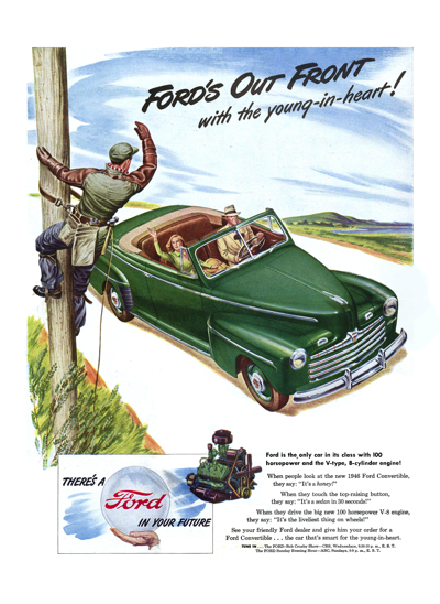 1946 Ford Convertible Print Ad “Ford’s out front with the young-in-heart”