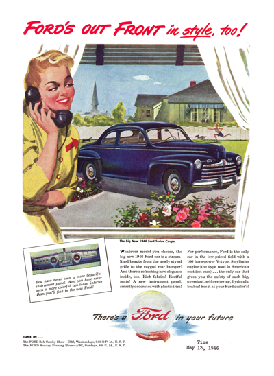 1946 Ford Coupe Print Ad "Ford's out front in style too!"