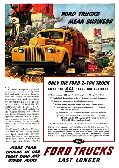 1946 Ford Dump Truck Print Ad "Ford trucks mean business"
