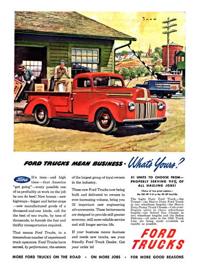 1946 Ford Pickup Print Ad "Ford trucks mean business, What's Yours?"