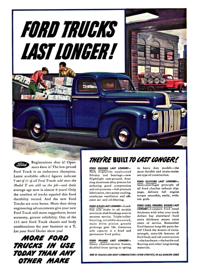 1946 Ford Pickup Print Ad "Ford Trucks last longer"