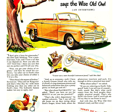 1947 Ford Convertible Print Ad “Ford’s out front, says the wise old owl”