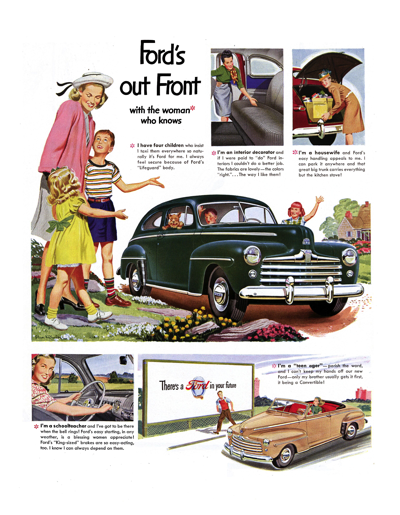 1947 Ford Tudor Print Ad "Ford's out front with the woman who knows"