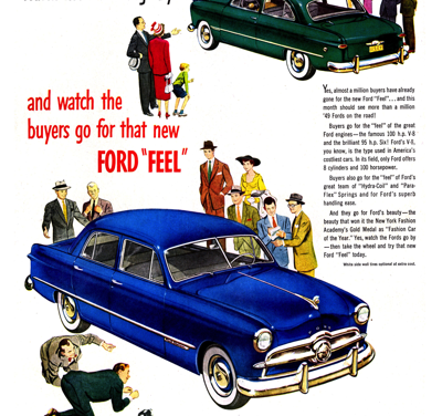 1949 Ford Tudor & Fordor Print Ad “Watch the Fords go by . . .”