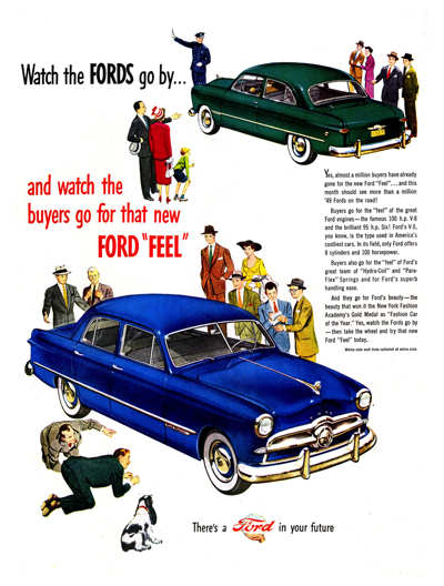 1949 Ford Tudor & Fordor Print Ad "Watch the Fords go by . . ."