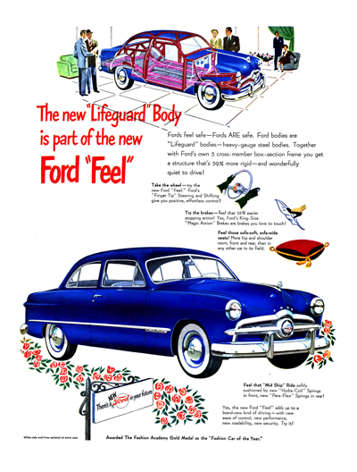 1949 Ford Tudor Print Ad "The new Lifeguard Body . . ."