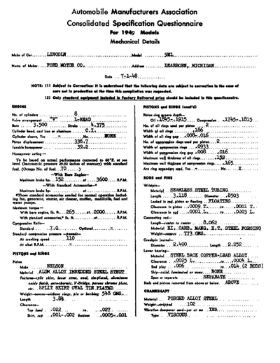 1949 Lincoln EL Specification Sheet