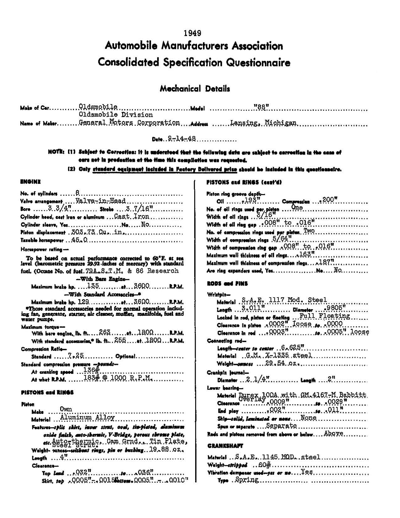 1949 Oldsmobile Series 88 Specification Sheet