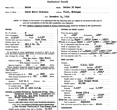 1950 Buick AMA Specification Sheets Series 50