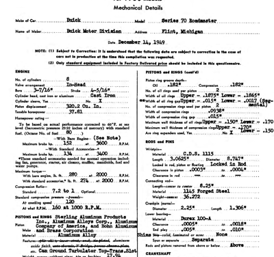 1950 Buick AMA Specification Sheets Series 70