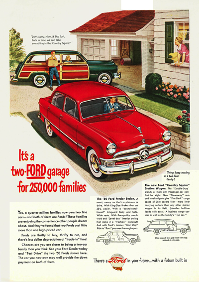 1950 Ford Print Ad "It's a two-Ford garage . . ."