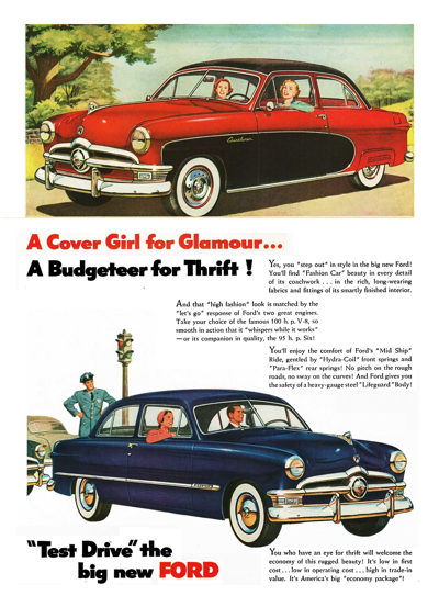 1950 Ford Print Ad "A cover girl for glamour - a budgeteer for thrift!"