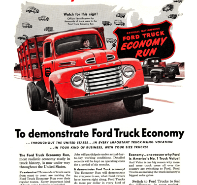 1950 Ford Stake Truck Print Ad “Now, Ford trucks in biggest economy run…”